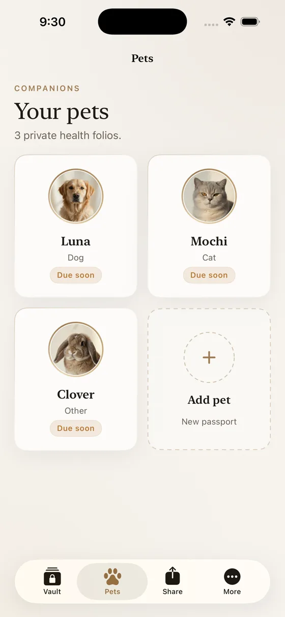 Each pet gets its own private folio