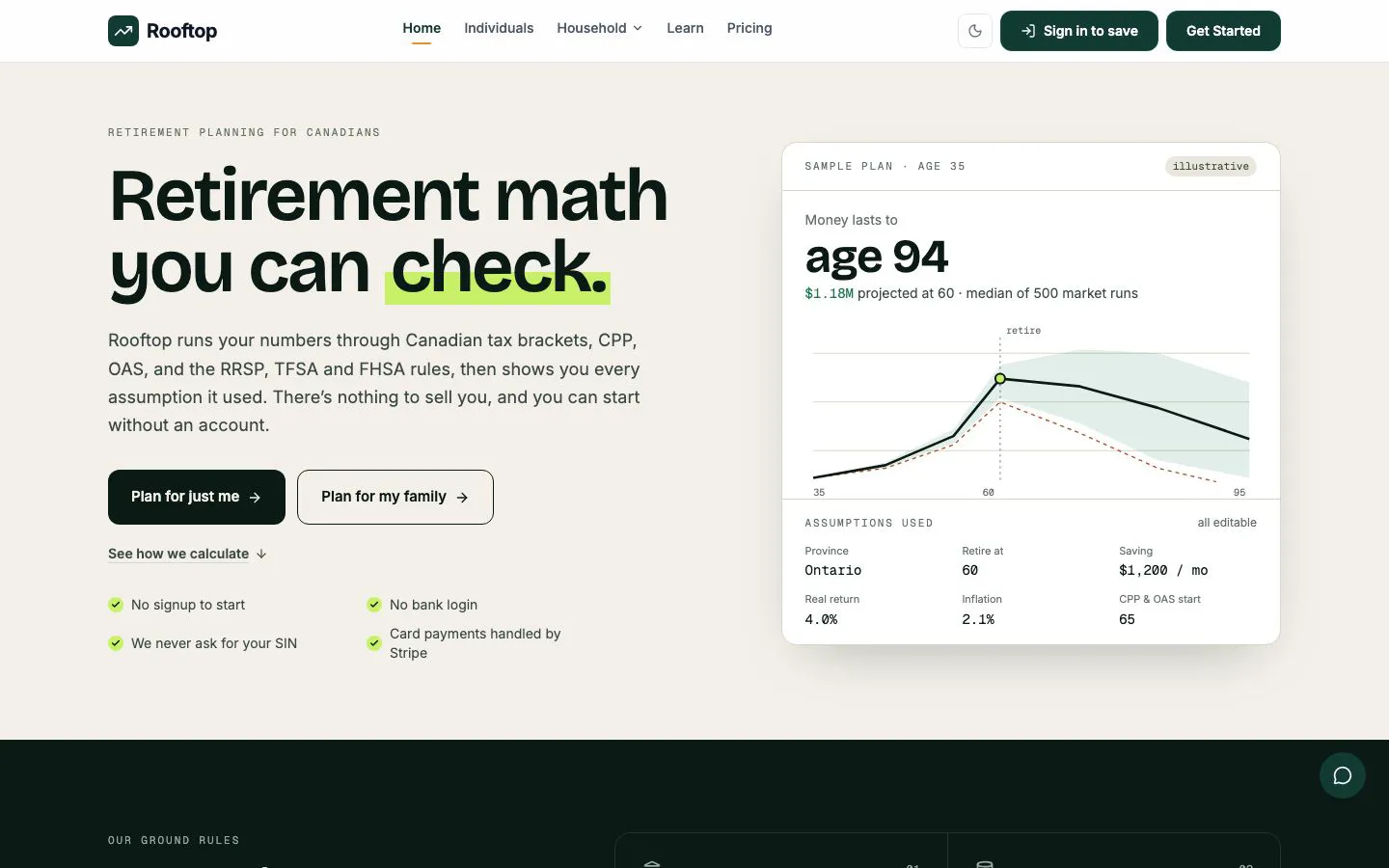 The sample plan on the homepage, with every assumption on show