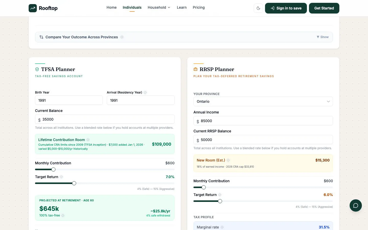 TFSA and RRSP planners, side by side