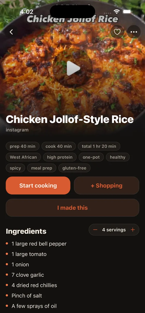 One clean recipe: ingredients, servings, tags