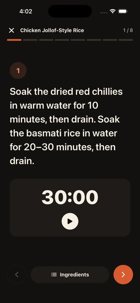 Cook mode: one step at a time, with timers